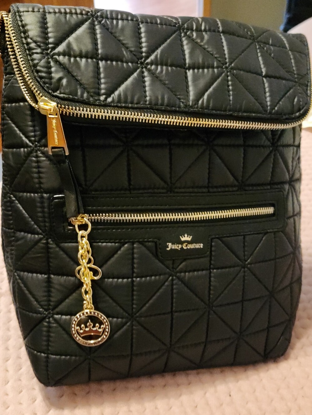 Juicy Couture Black Quilted Small Medium Backpack Purse with Gold Accents